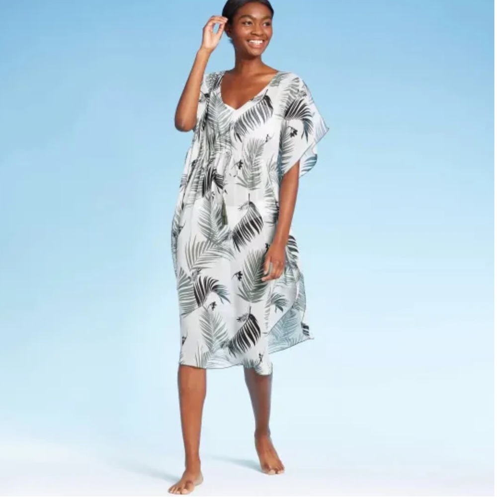 Kona Sol Botanical Palm Print Swim Coverup Flowing Batwing Sleeves NWOT!
